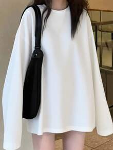 女士百搭纯白色长袖宽松休闲打底T恤，适合学生、日常穿着、通勤等场合，春季必备 - 白色 - 查看 4