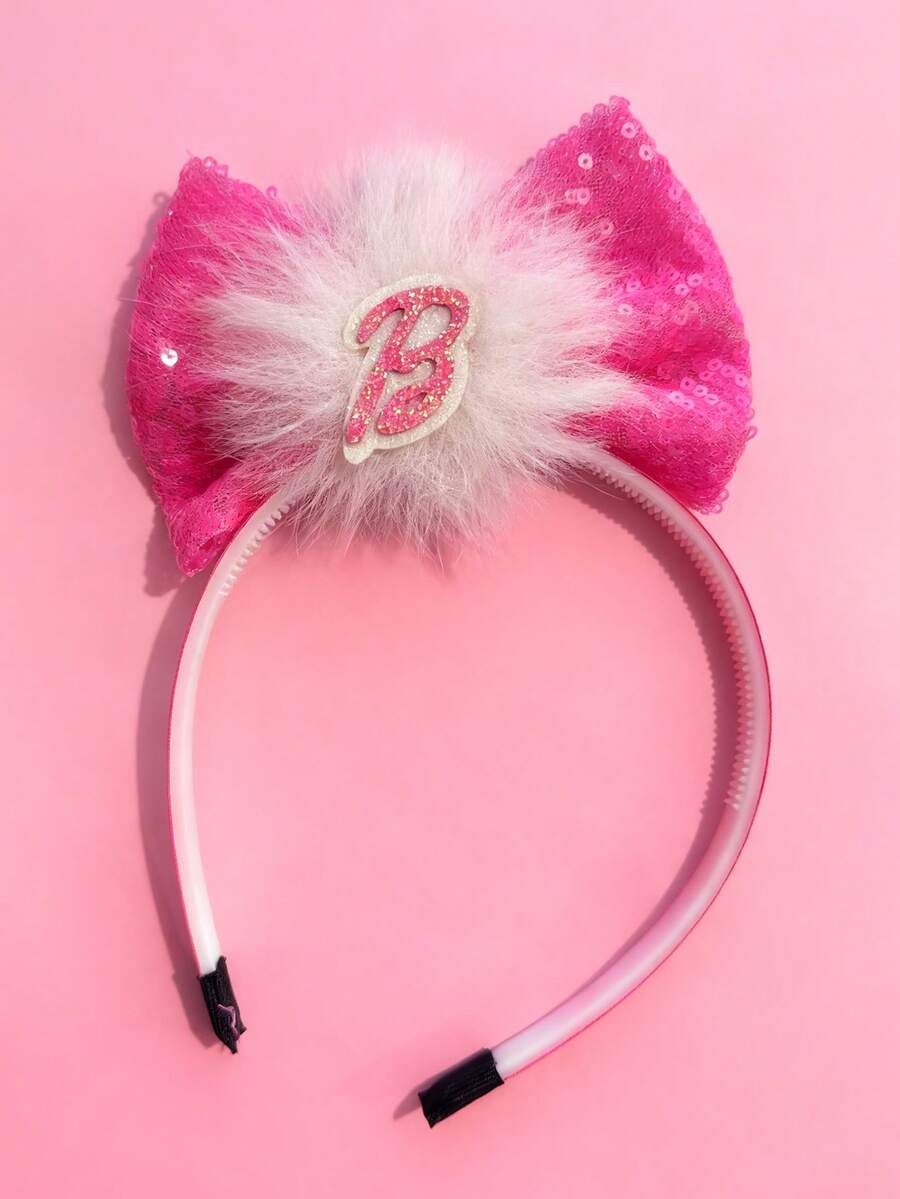 1pc Sparkle Bow, Beaded Alphabet Design Hairband With Green & Pink Fluffy Pom Poms, Fashionable And Cute Hair Accessory For Everyday And Celebrity Looks Party Halloween - Pink - View 1