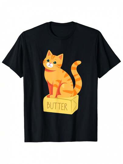 Men's Fun Butter Pattern-Shirt - Soft Heavyweight 180 Gram Cotton-Shirt, Butter Stick Design With Orange Tabby - Black Shirt, Suitable Casual Daily Summer Wear - Lovers And Fun Guys, Playful Fashion, Quirky Style, Comfortable Fabric
