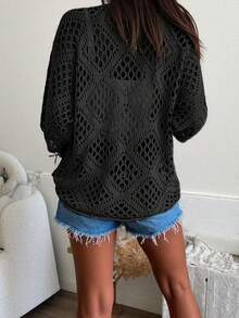 Plus Size Summer Vacation Loose Openwork Pullover Knit Sweater - Black - View 2