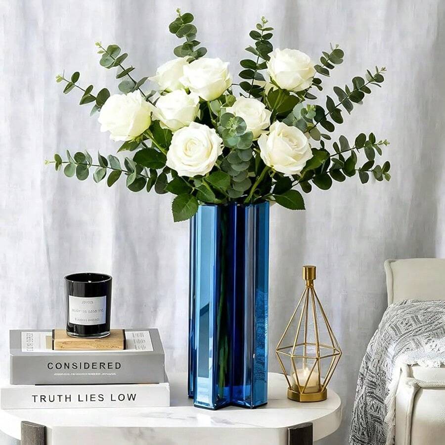 Mirrored Vase - 12 Inch Tall Cross-Shaped Decorative Glass Flower Vases For Home Decor, Living Room Table Kitchen Fireplace Decor - Can't Hold Water - 藍色 - 查看 1