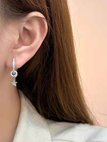 2pcs Fashionable Luxury Copper Micro-Inlaid Zirconia Star Earrings, Elegant Elegant Versatile Jewelry Suitable For Women's Daily Wear - Silver - View 2