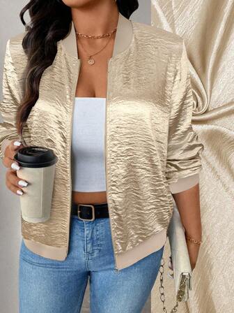 Keke Bloomly 大码女式轻盈金属光泽金色休闲拉链棒球夹克，时尚百搭，适合通勤、派对、度假等各种场合。