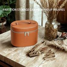 Makeup Bag, Leather Travel Toiletry Bag, Fashionable Cosmetic Bag, Waterproof Travel Cosmetic Bag With Zipper, Waterproof Cosmetic Bag For Women, Travel Makeup Bag With Compartments And Handle, Portable Cosmetic Organizer Bag, Toiletry Bag For Women - 棕色 - 查看 6