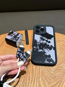 5pcs Set (1 Black TPU Phone Case + 1 Charger Head Protector + 2 Data Cable Anti-Break Clips + 1 Strap) UV Painted Rose Flower Pattern Fast Charging Adapter Protector Compatible With IPhone 7/8/7p/8p/X/Xs/Xr/Xsmax/11/11pro/11promax/12/12pro/12promax/12MINI/13/13pro/13promax/14/14pro/14plus/14promax/15/15pro/15plus/15promax/16/16pro/16plus/16promax/17/17pro/17promax/Air - Multicolor - View 2