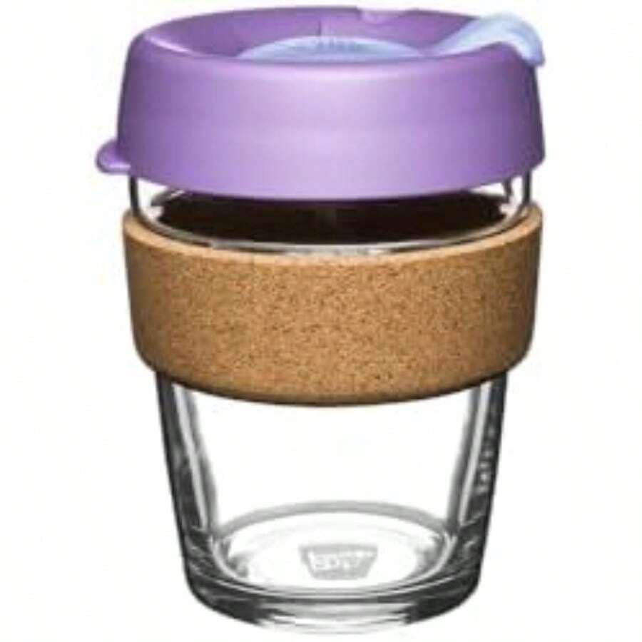 KeepCup Taza de café de vidrio templado reutilizable, taza de viaje con tapa a prueba de derrames, banda de corcho para preparación, ligera, sin , tamaño mediano, 12 onzas, luz de luna(Morado M (Pack of 1)) - Multicolor - Ver 1