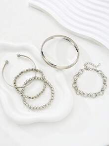 5pcs Fashionable Exaggerated Minimalist Vintage Coin Design Layered Chunky Chain Beaded Bracelet Set, Smooth Bangle Cuff Suitable For Date, Vacation, Daily Wear, Party, Wedding, Birthday Gift For Women - Silver - View 9