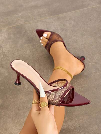 Women's Elegant Mule Sandals - Lace Mesh, Classic Slip-On, Sexy Cinched Waist, Wide Vamp, Pointed Toe, Graceful Kitten Heel, Wine Glass Heel, Low Heel Shoes, Suitable For Spring/Summer Fashion, Night Party, Catwalk, Casual, Home, Outdoor, Travel, Workplace, Commute, High-End Quality, Mirror-Finish, Breathable Lace Texture, Mature Allure, Wine Red