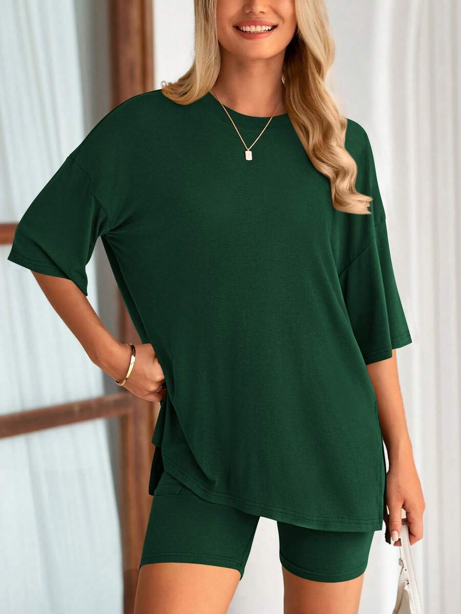 PRETTYGARDEN Women's Summer Clothes 2 Piece Sets Lounge Set Casual Oversized Shirts Biker Shorts Matching Airport Travel Sweatsuit Set Women Vacation Outfit Dark Green Summer Brunch Outfits For Women - 墨綠色 - 查看 1