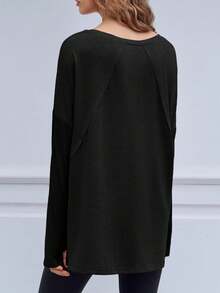 Women's Oversized V Neck Long Sleeve Workout Top Athletic Yoga Tunic Shirt With Thumb Holes - 黑色 - 查看 4