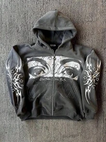 Vintage Street Hip-Hop Style Eye-Patterned Print Zip-Up Hoodie Long-Sleeved Cardigan Hooded Jacket Men's Gothic Baggy Coat, Couple Shirt - Màu xám đen - Xem 1