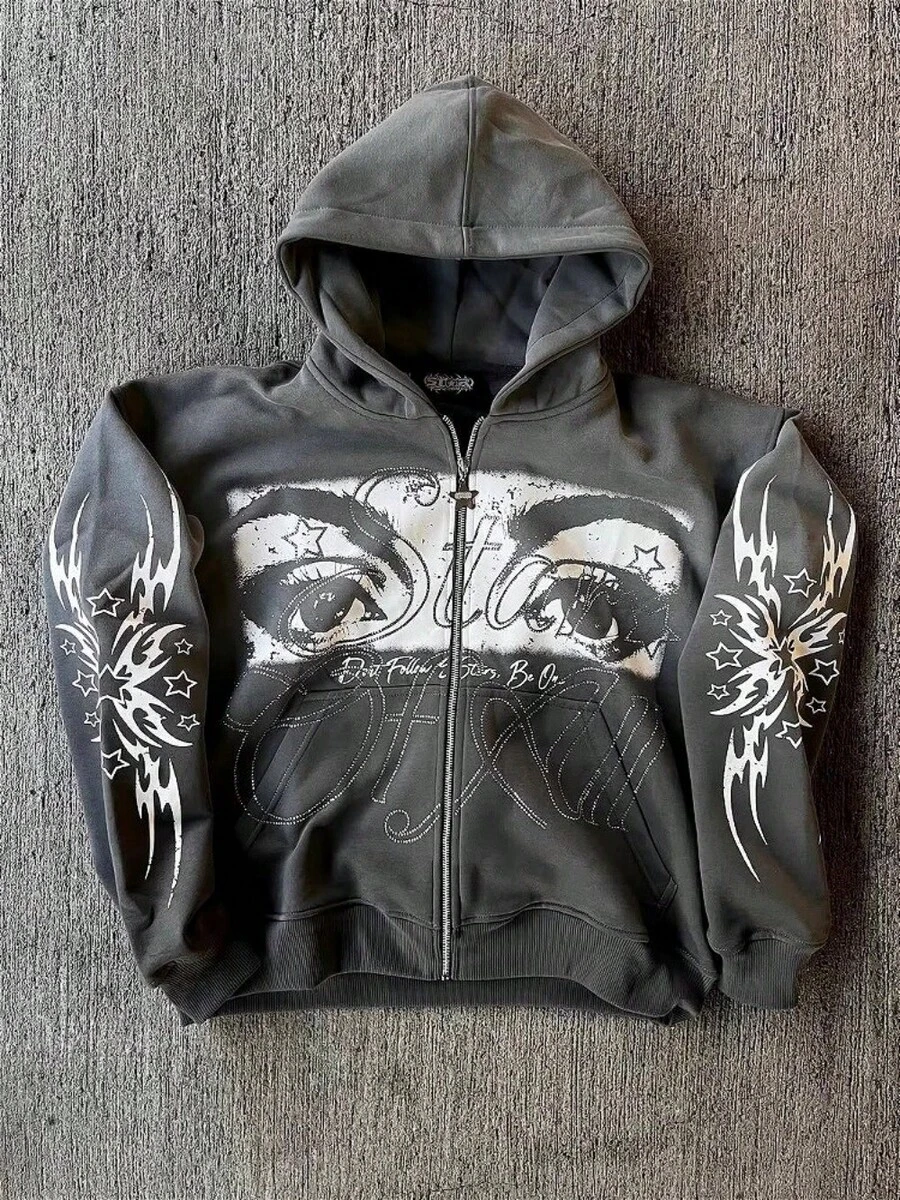 Vintage Street Hip-Hop Style Eye-Patterned Print Zip-Up Hoodie Long-Sleeved Cardigan Hooded Jacket Men's Gothic Baggy Coat, Couple Shirt - Màu xám đen - Xem 1