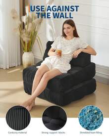 Hodeffior Canapé-lit pliant – Canapé convertible avec coussins, matelas pliable et rangement latéral, fauteuil-lit portable et confortable, aucun assemblage requis, idéal pour le salon et la chambre. - Gris foncé - Voir 4