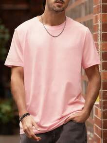 男士休闲纯色短袖T恤，舒适透气，夏季款式 - 粉色 - 查看 3