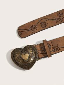 1pc Women's Retro Heart Buckle Waist Belt, Dark Floral Western Style PU Leather Belt, Versatile & - Belt a - View 10
