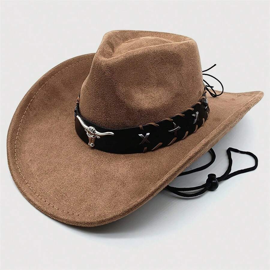 Sombrero de vaquera para hombre y mujer, estilo vintage, enrollable, de ala ancha, con cinturón para fiestas en clubes. - Marrón claro - Ver 1