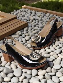 Sandal Hak Tinggi Musim Panas Wanita, Tali Pergelangan Kaki yang Dapat Diatur, Ujung Terbuka, Dekorasi Gesper Logam Gaya Preppy, Hak Tinggi Pesta Bertabur Berlian Imitasi - Hitam - View 6