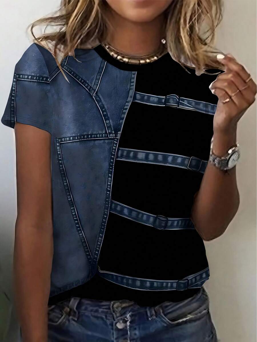 Women's Fashion Two-Piece Denim Top - Western Style Round Neck Shirt, Elegant Streetwear, Suitable For Casual And Formal Outfits - All-Season Women's Fashion Clothing, Versatile Clothing, Fashionable Design, High-Quality Stitching, Fashionable Clothing, Women - 混合色 - 查看 1