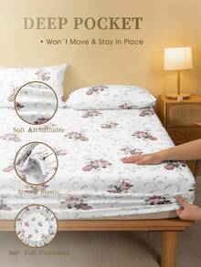 1件白色底浅粉色玫瑰图案床笠，树枝图案床垫保护套，情人节床垫罩，床单，柔软透气，适用于各种尺寸的床——单人床、双人床、特大号床、大号床，深口袋设计，最大可达11.8英寸，植物花卉图案床单，透气防皱，提升睡眠质量，可机洗，时尚现代风格 - 淺粉色 - 查看 4