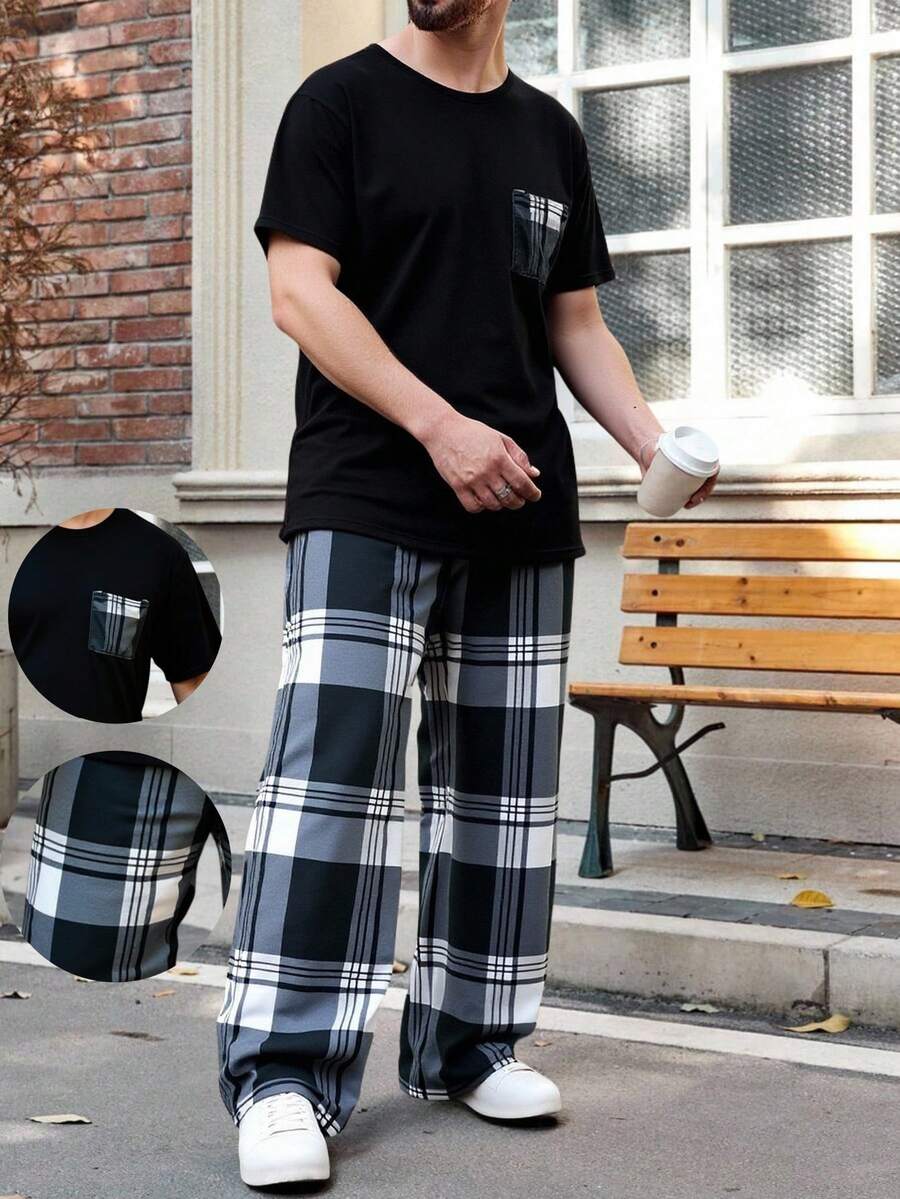 Conjunto de dos piezas de ropa de dormir para hombre, con pantalones de manga larga y estampado a cuadros, para otoño e invierno,Set de 2 piezas Pijama de manga corta ligero para hombre, Conjunto de ropa de casa a rayas y a cuadros para hombre en primavera y verano - Negro - Ver 1