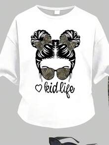 少女卡通字母印花短袖T恤和喇叭裤套装 - 軍綠色 - 查看 5