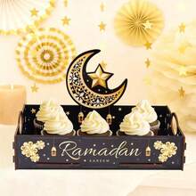 Ramadan Eid Crescent Moon Wooden Tray, Star Shaped Party Snack Drink Wooden Storage Box, Cake & Dessert Holder - Multicolor - View 10
