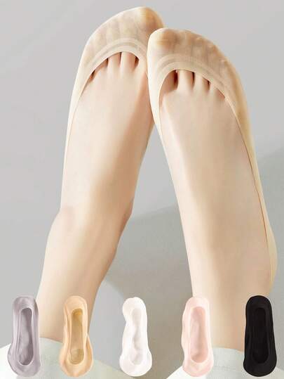 5 Pairs Of Women's Spring And Summer Fashionable Solid Color Cool Breathable Invisible Thin Silicone Non-Slip Ice Silk Short Socks