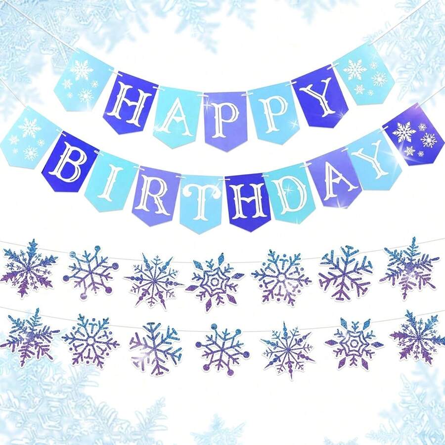 LaVenty Frozen Snowflake Birthday Party Banner Frozen Theme Decorations Winter Snowflake Happy Birthday Banners For Winter Wonderland Christmas Party Supplies Gender Reveal Party Decorations - Multicolor - View 1