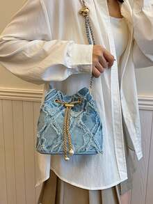 New Fashion Classic All-Match Solid Color Diamond Lattice Raw Edge Metal Drawstring Opening And Closing Design Shoulder Bucket Bag, Elegant Women's Wallet, Drawstring Fringe Shoulder Bag, Denim Bucket Bag, Women's Pearl-Embellished Drawstring Chain Crossbody Bag, Luxury Women's Crossbody Bag, Fashionable Denim Single-Shoulder Tote With Chain Strap And Diamond-Patterned Linen Trim, Wearable Crossbody Or Underarm Carry, Multi-Pocket Design, Oversized Relaxed Hobo Bag With Adjustable Strap, Pearl Rhinestone Bucket Bag, Elegant Evening Clutch, Travel Tote, Niche-Design Commuter Handbag, Distressed Fringe Shoulder Bag, Quilted Distressed Fringe Cylindrical Tote, Drawstring Tote Casual Women's Bag. Perfect For Shopping, Commuting, Parties, And Gatherings. Christmas, Thanksgiving, Cyber Monday Holiday Gifts. Velvet Party Bags For New Year's, Winter, And Snow Season. Year-End Promotions. Warm, Plush, Fur-Lined Styles.End-Of-Year Stocking Stuffers Christmas Gifts - Blue - View 7