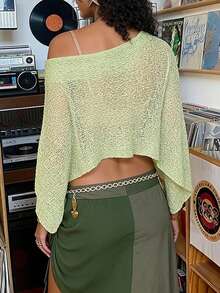 Sylvia Women's Asymmetrical Batwing Sleeve Cover Up Style Short Sleeve Asymmetrical Shoulder Loose Casual Lightweight Sheer Knit Cover Up, Suitable For Summer Beach Vacation - Green - View 4