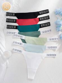 7pcs/Set Comfortable & Skin-Friendly Love Diamond Decor Seamless Thong Panties, Solid Neutral Colors, Minimalist Design For Women - Multicolor - View 2