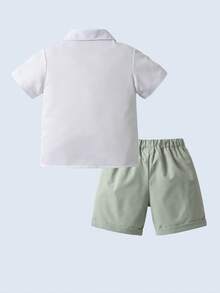 BOARNSEORL 2 pezzi Completo da Ragazzo Elegante - Camicia a Maniche Corte con Fiocco e Pantaloncini Verde Chiaro, Stile Adatto per Feste di Compleanno, Matrimoni, Occasioni Formali - Verde - Visualizzare 4