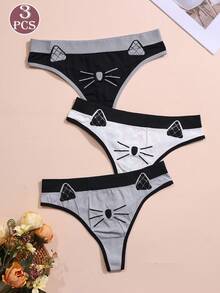 3pcs Women's Multicolor Cute Cat Face Low Waist Thong Panties - Multicolor - View 3