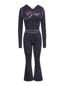 LovelyWholesale 女士可爱连帽长袖字母豹纹拉链外套和喇叭裤套装，春假穿搭，夏季度假装扮，黑色 - 黑色 - 查看 3