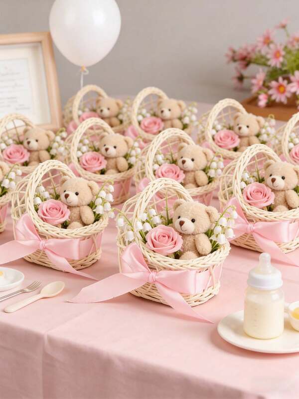 6pcs/1pc Mini Woven Cradle Baskets With Satin Bow, Elegant Baby Shower Party Favors, Newborn Celebration Party Gifts (For Guests), Gender Reveal Party Decor, Baby Shower Favors, Gender Reveal Ideas, Christening Souvenirs, Cake Decorations