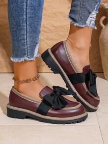 女士乐福鞋，秋冬新款可爱蝴蝶结设计时尚圆头厚底粗跟套脚休闲鞋，适合日常穿着、户外音乐节、假日、派对等场合，酒红色 - 酒紅色 - 查看 4