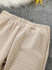 Tween Girl 2-Piece Casual Fashion Street Style Girls' Clothing Set, Knitted Long-Sleeved Hoodie And Flared Pants, Solid Color, Suitable For Home And Outdoor Casual Wear. - Apricot - View 7