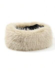 1pc Women's Faux Fur Headband, Solid Black Fluffy Earmuffs Headwrap, Hollow Top Winter Hat - 1Pc - View 3