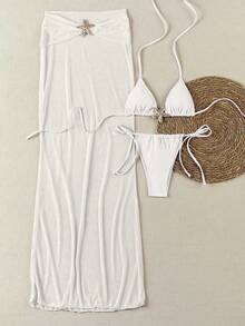 3 قطع مجموعة بكيني مطبوع عليها نجوم البحر مع تنورة شفافة واسعة الساق - موضة صيفية عصرية لمنتجع الشاطئ الفاخر