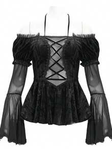 EVA LADY Blouse gothique à épaules dénudées avec manches évasées, garnie de dentelle et de texture veloutée
