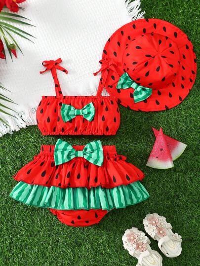 3pcs Baby Girl Outfit Set: Woven Strawberry Floral Print Camisole With Bow Decor, Elastic Waist Tiered Ruffle Skirt, And Hat, Summer Daily Wear
