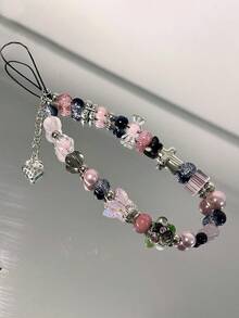 1pc Ins Black & Pink Beaded CCD Camera Wrist Strap, DIY Beaded Phone Lanyard, Phone Instant Camera Anti-Lost Chain, Y2K Phone Strap - Multicolor - View 1