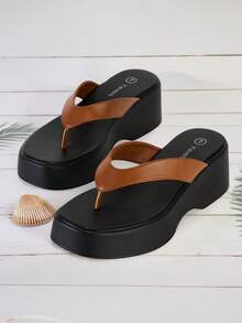 Women's Thick Sole Thong Sandals Casual&Simple Flip Flops Comfortable Soft Platform Sandals - màu nâu - Xem 7