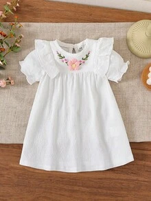 Baby Girl Solid Woven Dress, Soft Bubble Crepe, Floral Embroidery Round Neck Design, Ruffle Hem - White - View 3