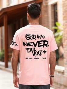 Zrgoth 男士休闲百搭简约英文标语手写体字母印花短袖T恤 - 粉色 - 查看 3