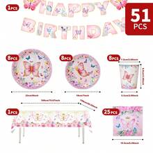 粉色蝴蝶主题生日快乐一次性餐盘、餐巾纸、杯子、桌布和横幅套装，8人份派对用品套装，适合生日、婚礼、主题派对、家庭野餐等场合。 - 彩色 - 查看 2