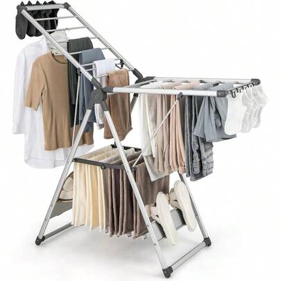 Clothes Drying Rack 2-Layer Folding Laundry Drying Rack W/ 5-Level Adjustable Height 21 Drying Rails 10 Side Clips 4 Shoe Holders Collapsible Laundry Hanger For Clothing And Towels