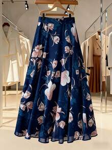 Women's Casual Elegant Long A-Line Skirt, Navy Blue With Delicate Floral Pattern, Made Of Polyester Fabric - Navy Blue - View 6