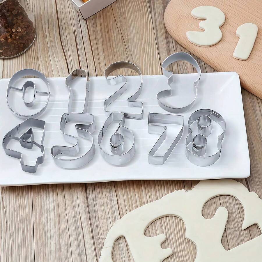 9pcs Numeric Cookie Cutter Set, 0-8 Number Shaped (Reversed 6 To 9) Stainless Steel Baking Cookie Cutters, Numeric Baking Tools - Silver - View 1