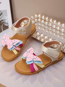 女童荷叶边蝴蝶凉鞋 - 舒适露趾平底夏季鞋